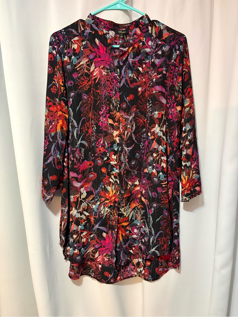 Cupio Black Floral Button-Front Tunic with Pink & Orange Accents